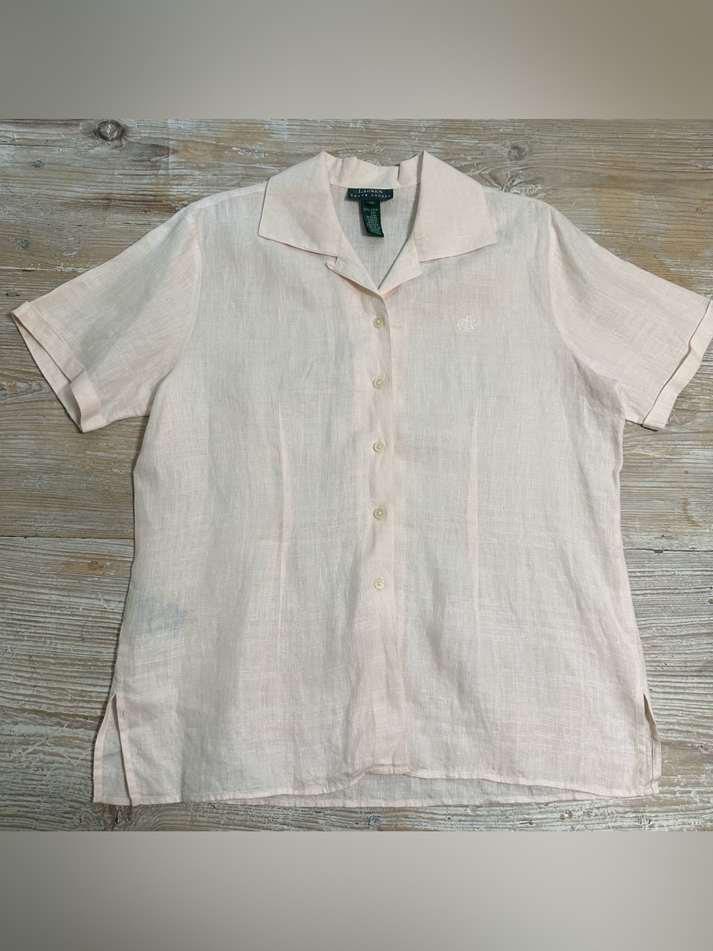 Lauren Ralph Lauren Women’s Linen S/S Pale Pink Button Down Shirt Monogram Sz 12